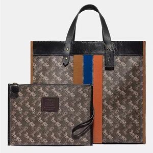 Coach Field Tote Bag 40 With Horse And Carriage Print And Varsity Stripe